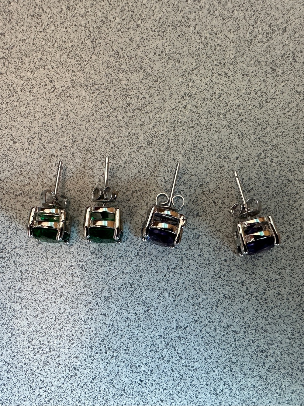 2 Pairs Crystal Stud Earrings Set‎ Purple & Green Silver Tone Jewelry - Picture 4 of 4